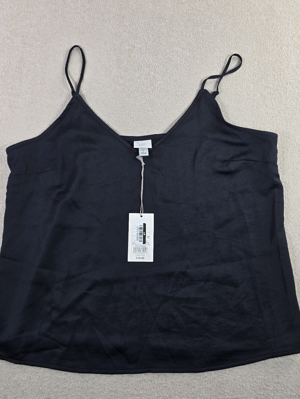 New Day Womens Black Satin Cami Tank Top Adjustable Straps Size L NWT